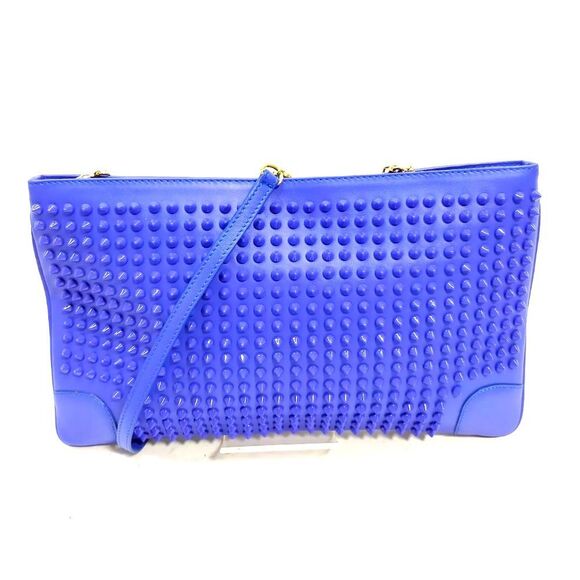 Auth Christian Louboutin Blue Spiked Studded Calfskin Loubiposh Clutch - Picture 1 of 10